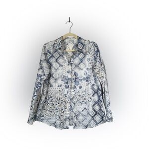 Chico's Navy‎ and Cream Patterned Blouse Size Large